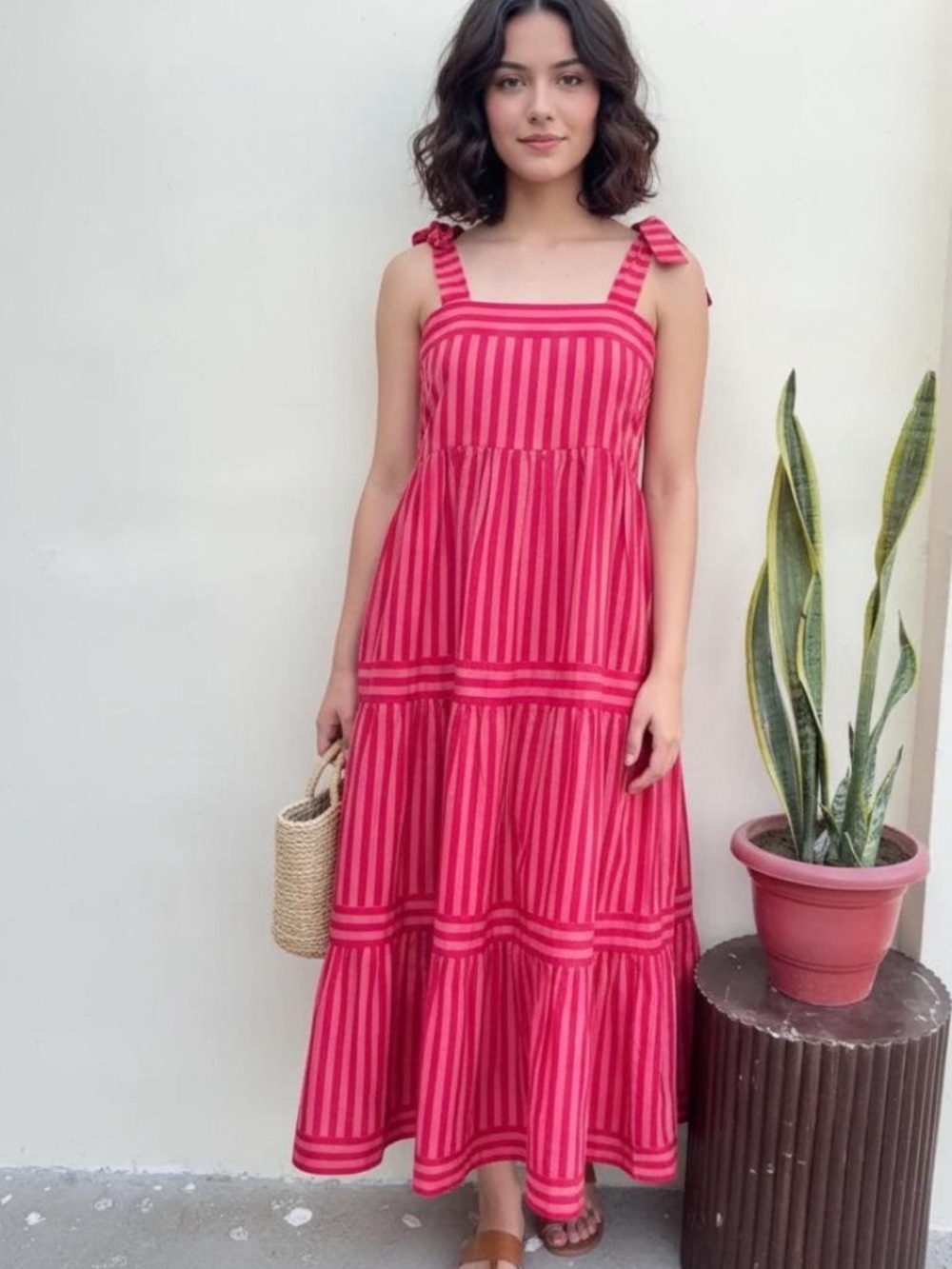 Women's Pink Striped Tie-Shoulder Midi Dress